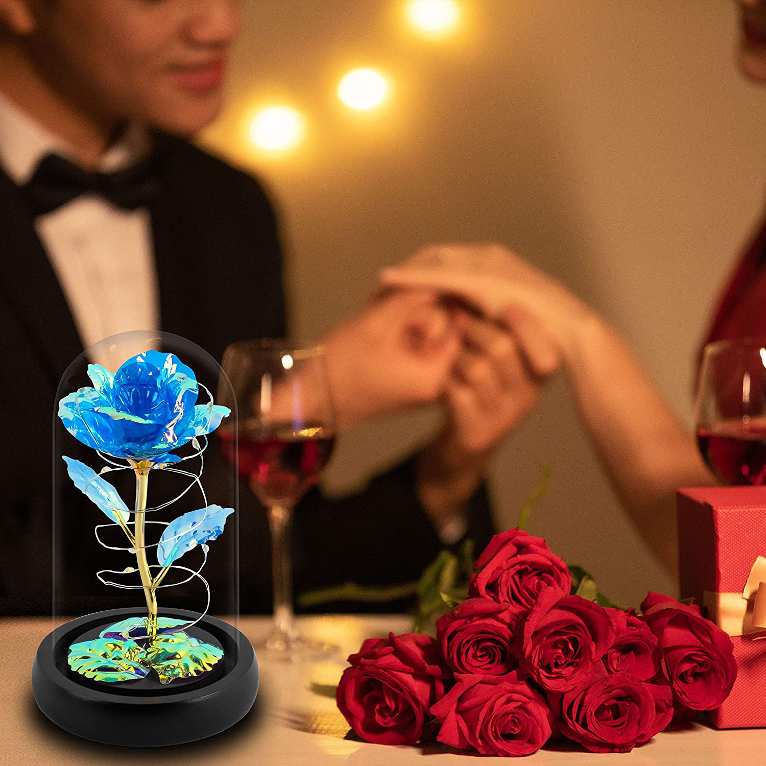 Blue Colorful Artificial Flower Rose Gift, Light up in Glass Dome, Women Gifts