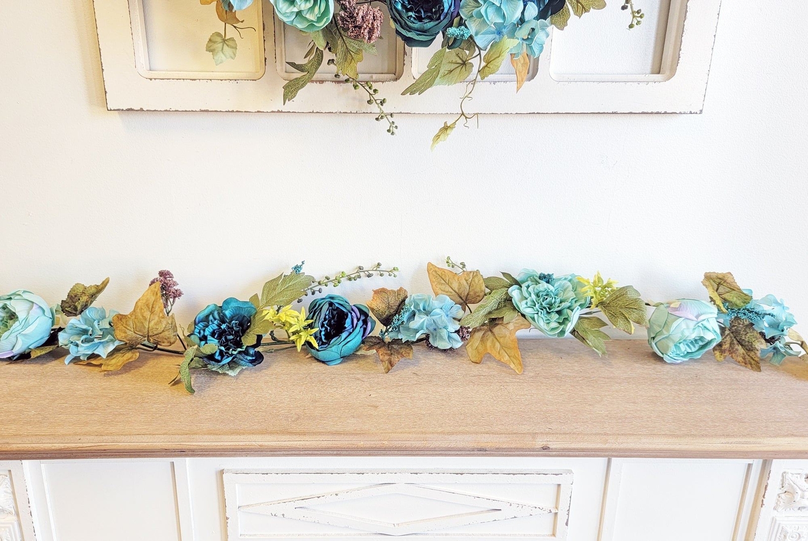 Cabbage Rose and Hydrangea Berry Garland,Teal, 72″ L