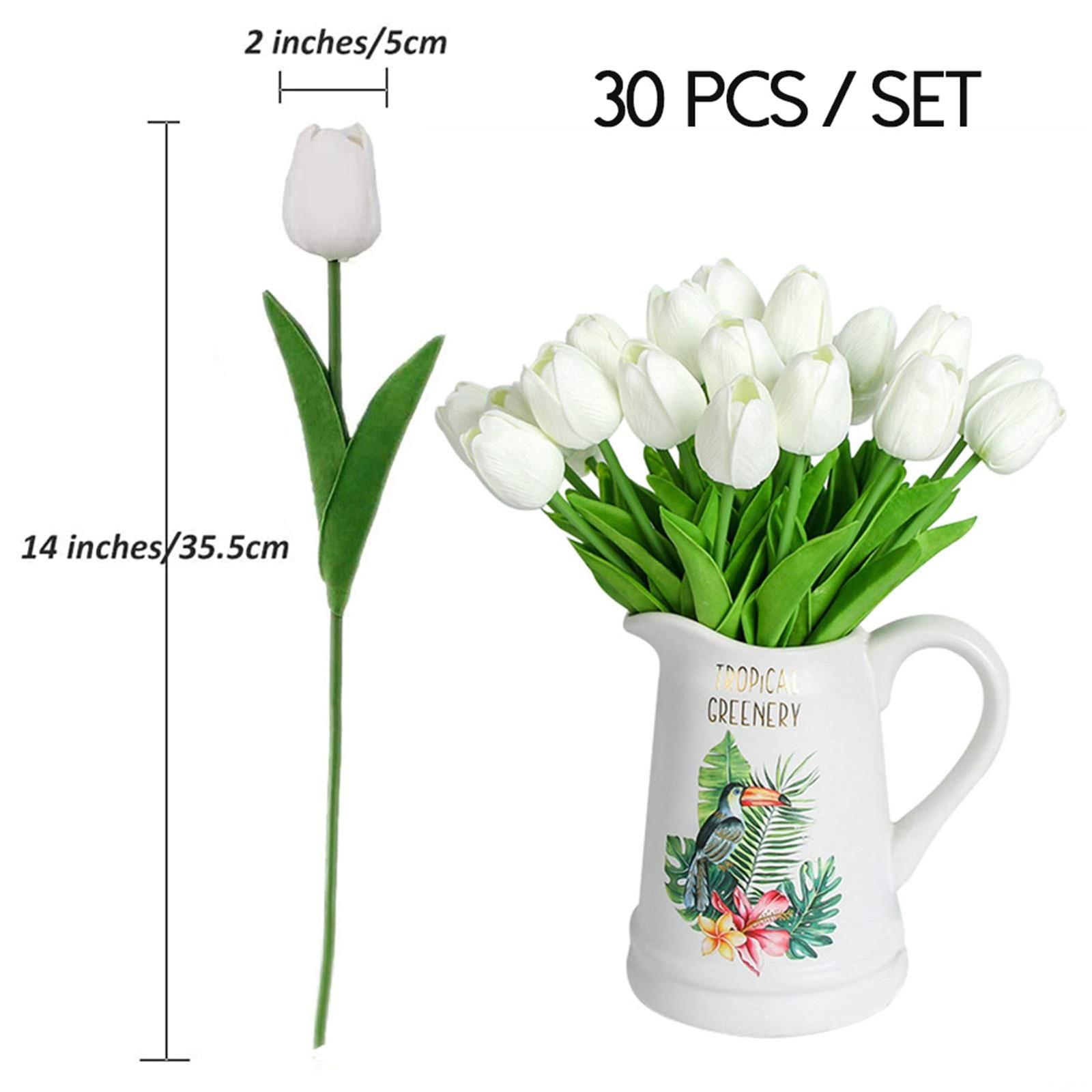 Artificial Flowers 30pcs 14″ Tall Faux Tulips, White PU Fake Tulips Flowers f…
