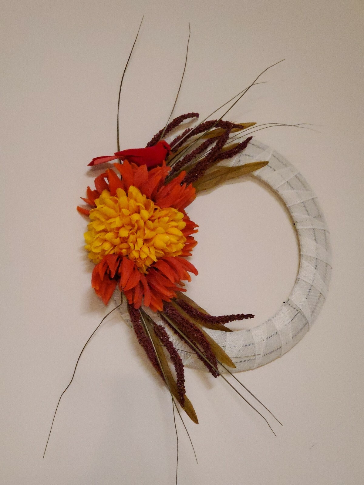 Heather MUM white orange red CARDINAL burlap WREATH FALL autumn Decor Front Door