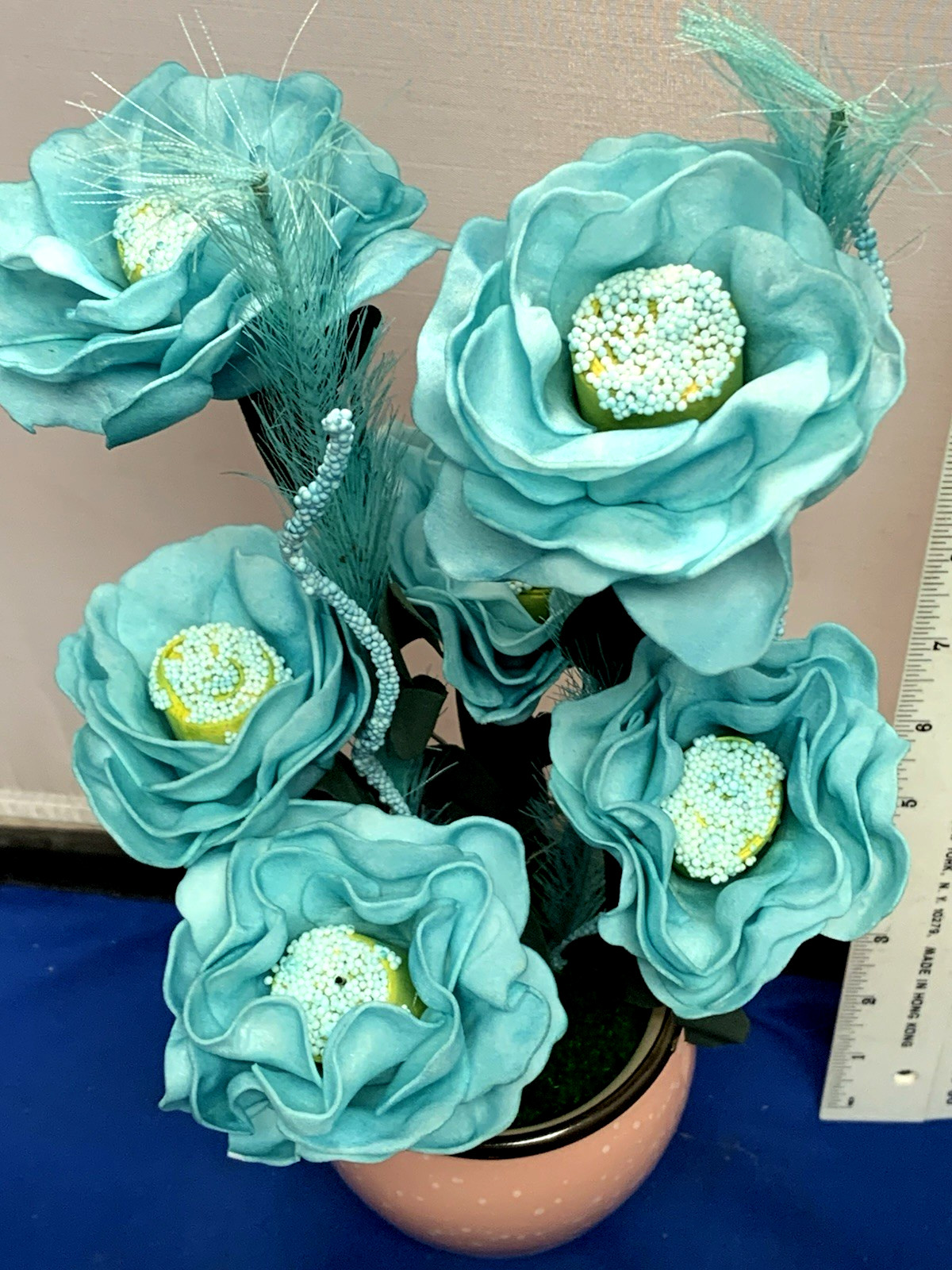 14″Aqua Blue 3″ Open Roses Artificial Silk Flowers Teal in Pink ceramic Vase