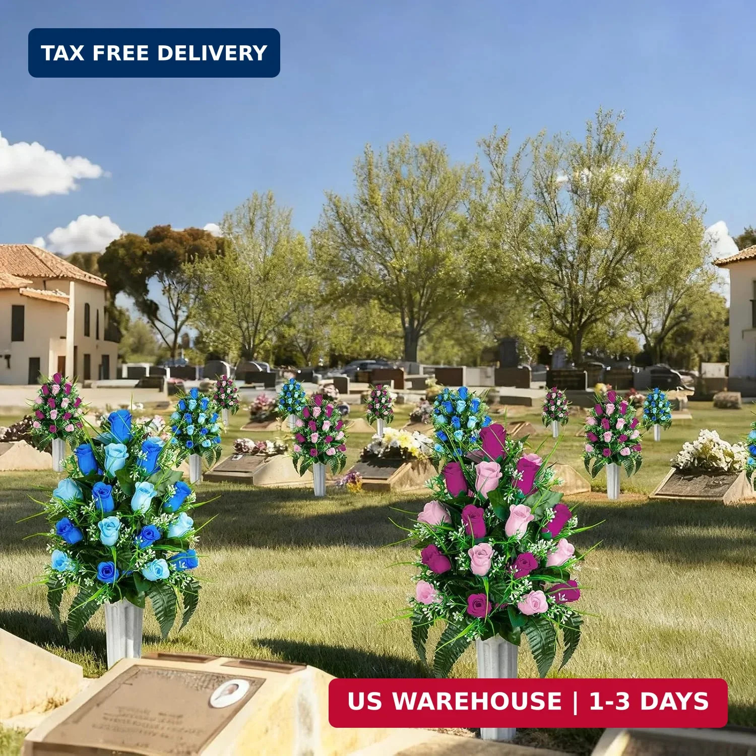 Artificial Cemetery Flowers – Set of 2 Grave Memorial Rose Flowers with Vase for