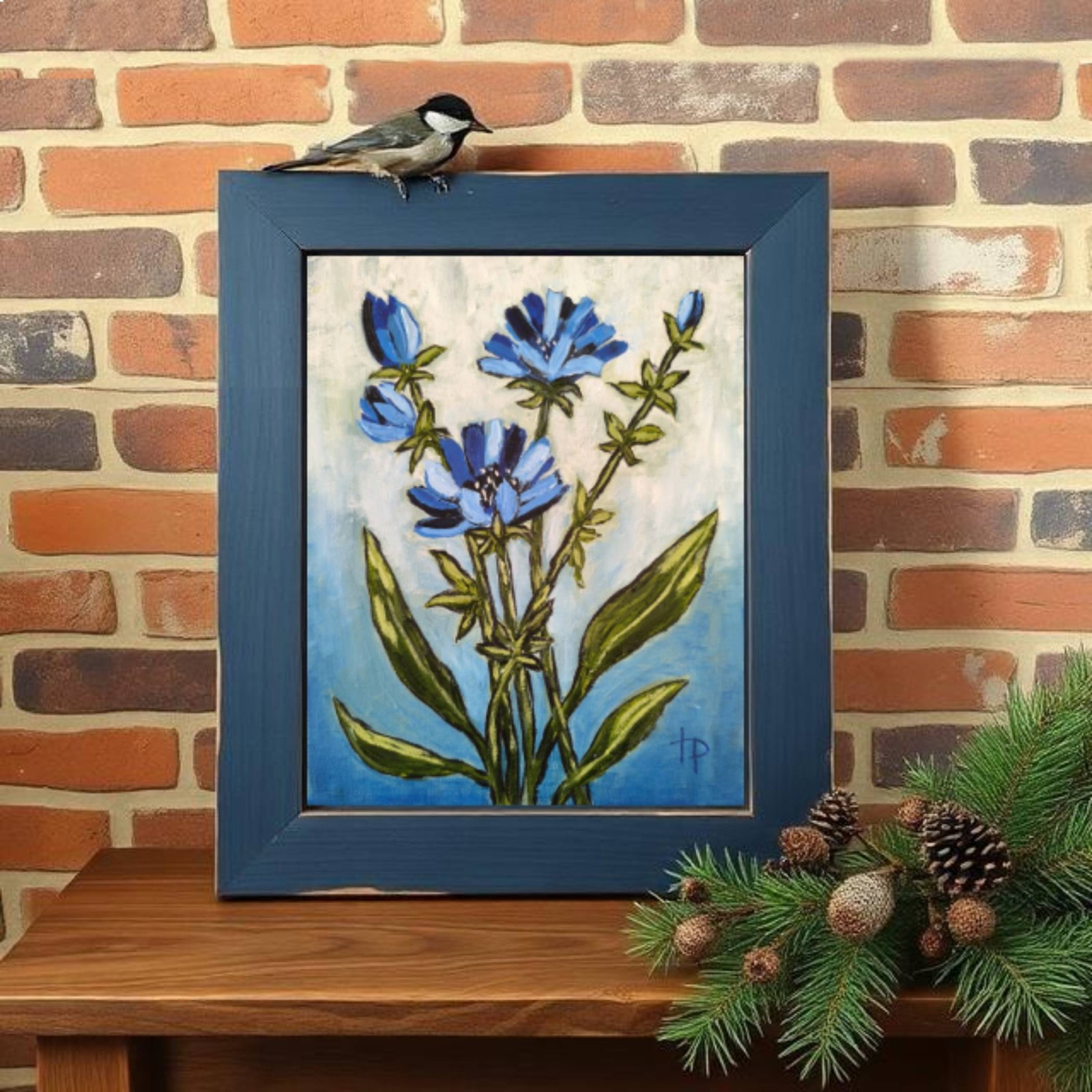 Chicory Botanical Oil Painting Original Floral Expressionist Art Blue Flower Wal