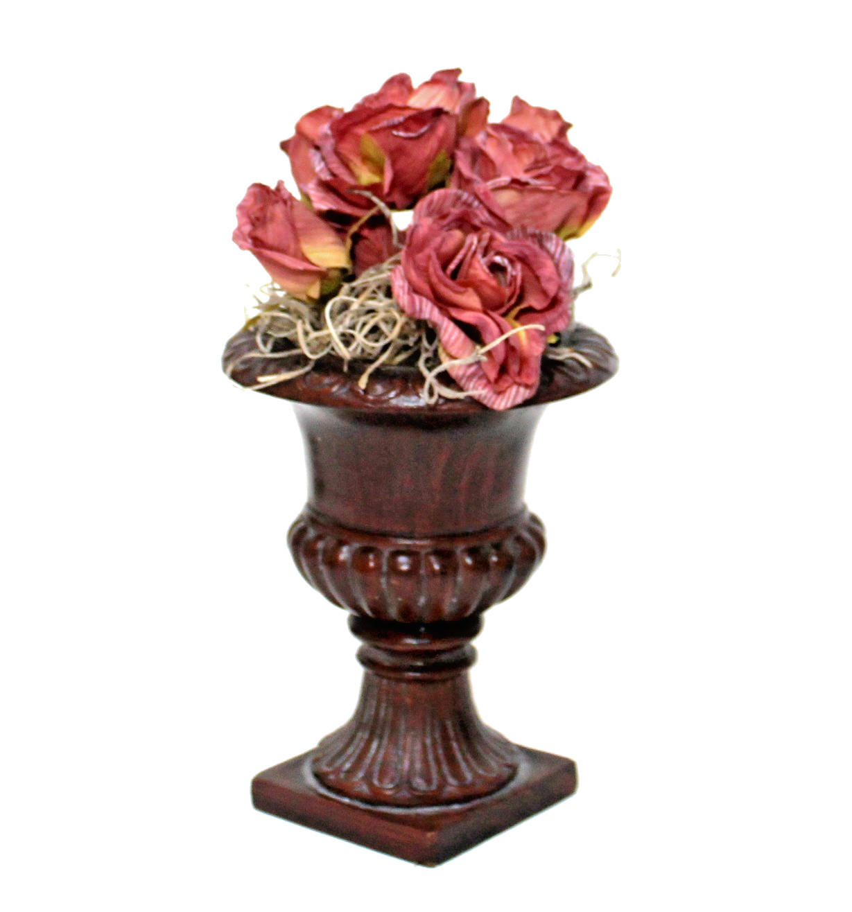 Vintage Urn Planter Brown Vase with Pink Roses Flower Arrangement