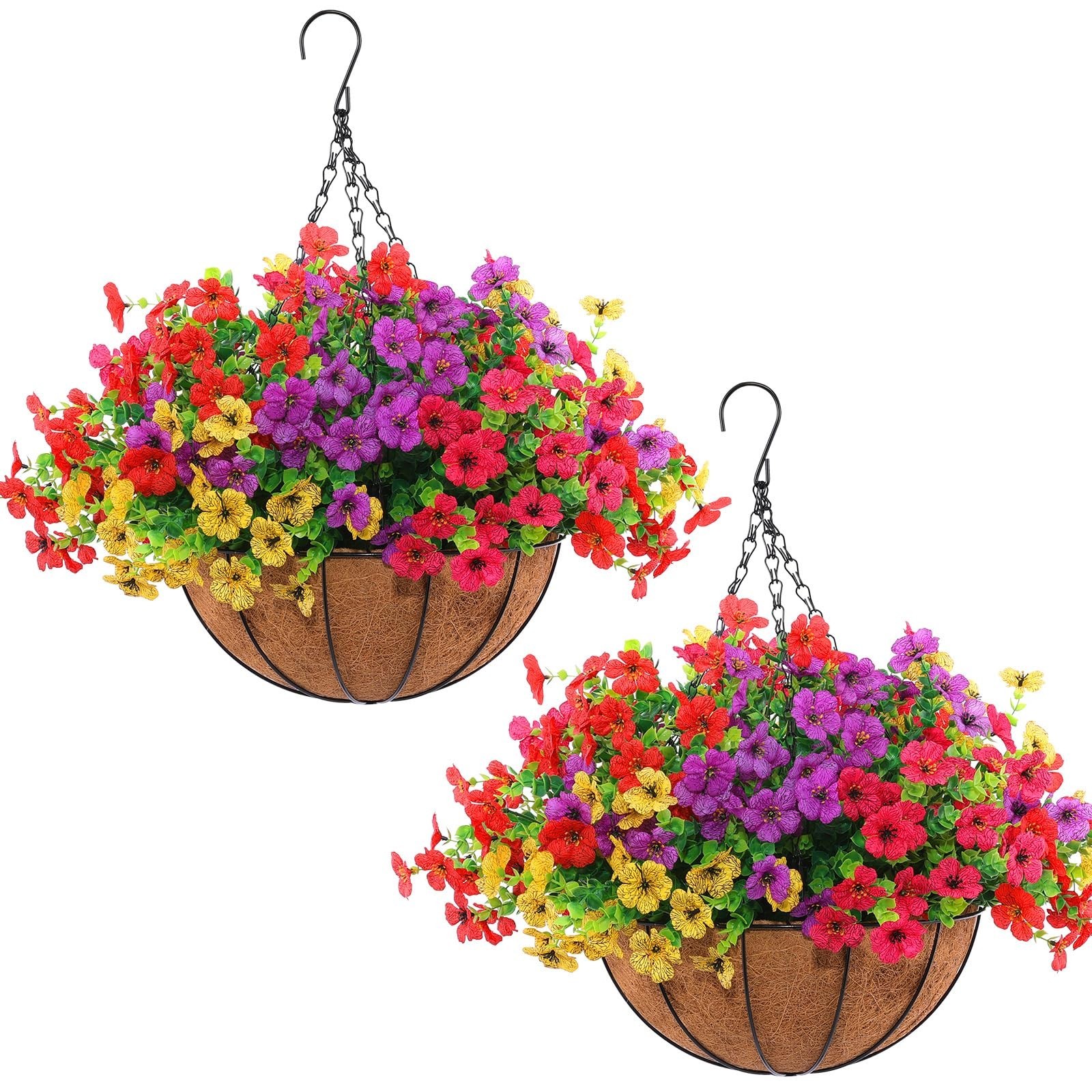 2 Set Artificial Outdoor Flowers with Hanging Baskets, 24 Pcs Planters for Garde
