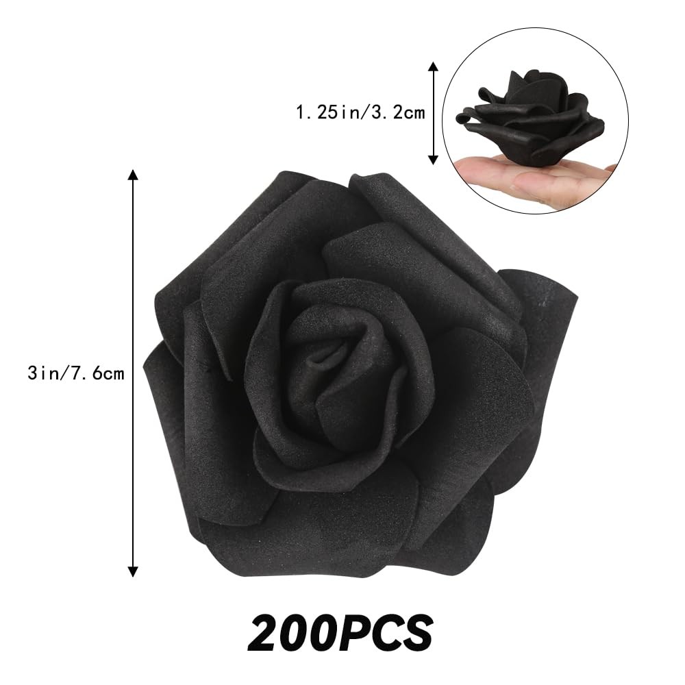 INSUNSIX 200pcs Black Artificial Foam Rose Flower Head, 3-Inch Fake Flower He…