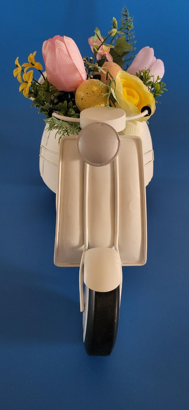 Spring Tulip Arrangement in Vespa-Like Metal Scooter w Artificial Flowers & Eggs