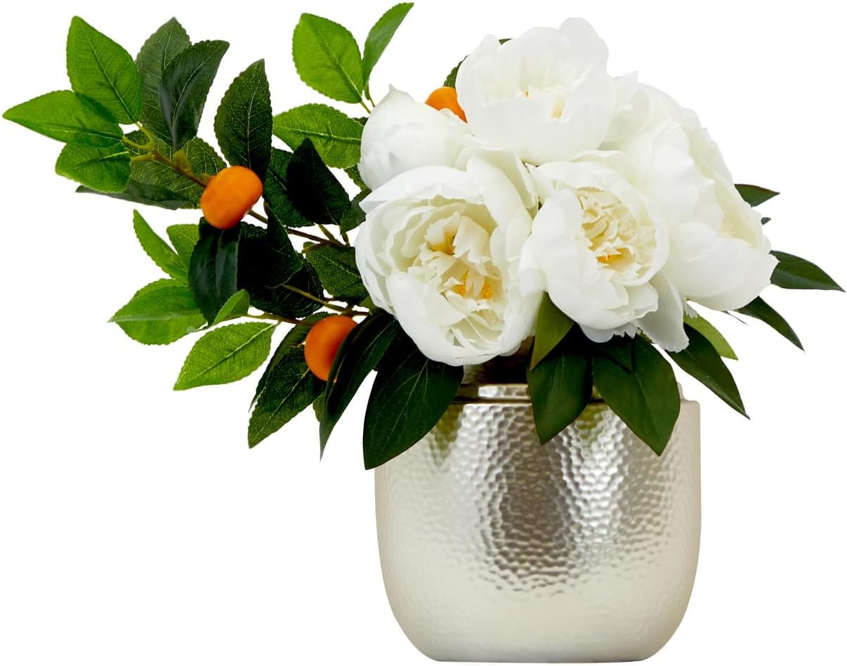 Elegant 16″ Artificial Peony & Dahlia Arrangement in White Vase