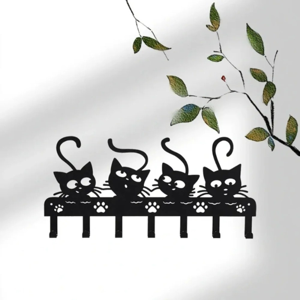 7-Claw Black Cat Halloween Key Holder – Iron Entryway Wall Decor Hooks
