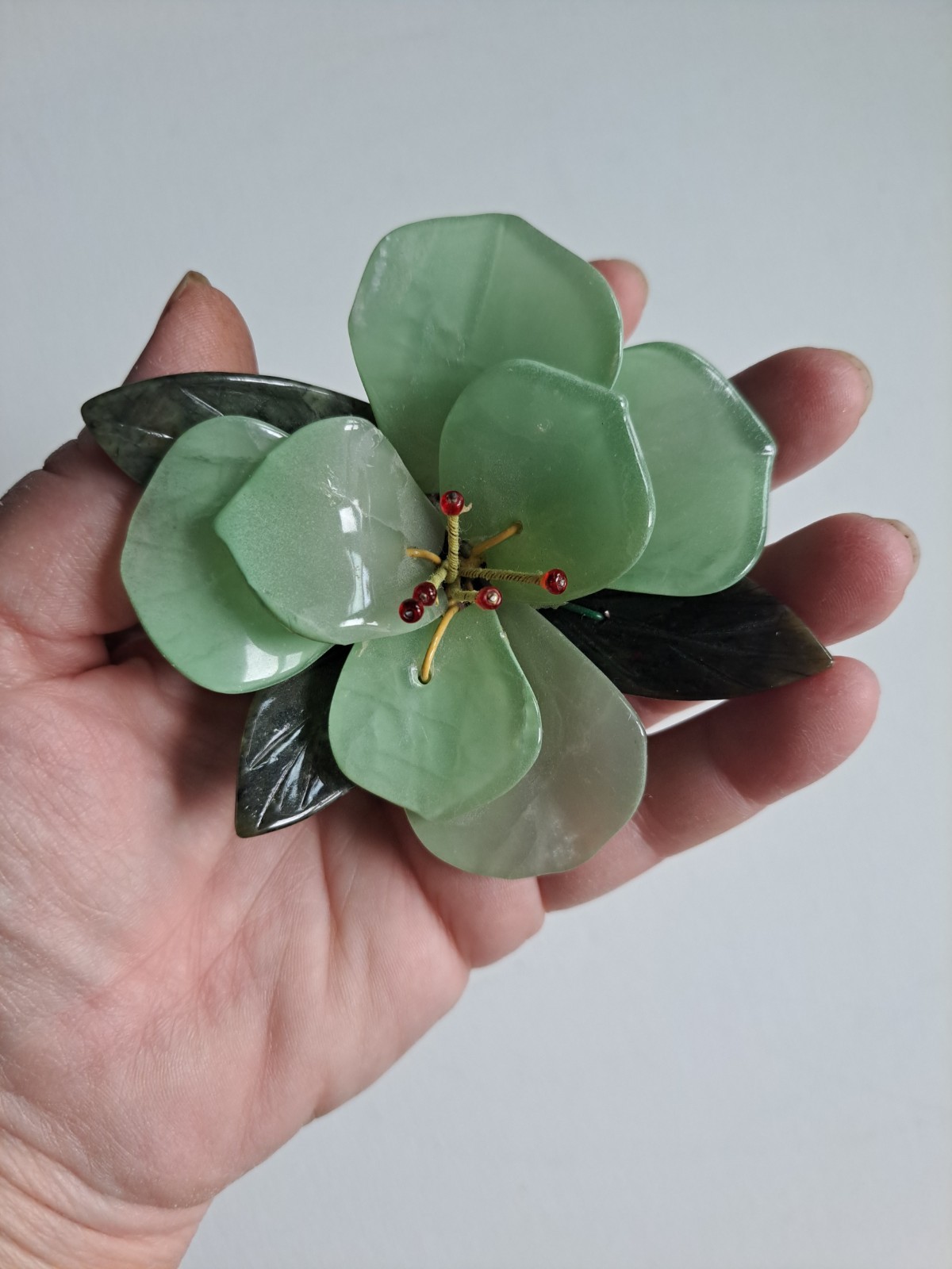 Vintage Chinese Hand Carved Jade Lotus Green Stone Flower Cluster Decor