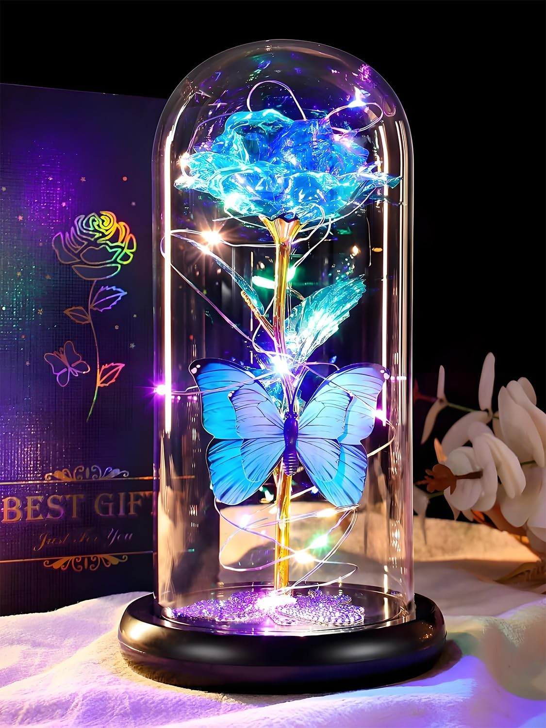 Eternal Blue Rose in Glass Dome with Butterfly – Valentine’s Day Gifts for Her,