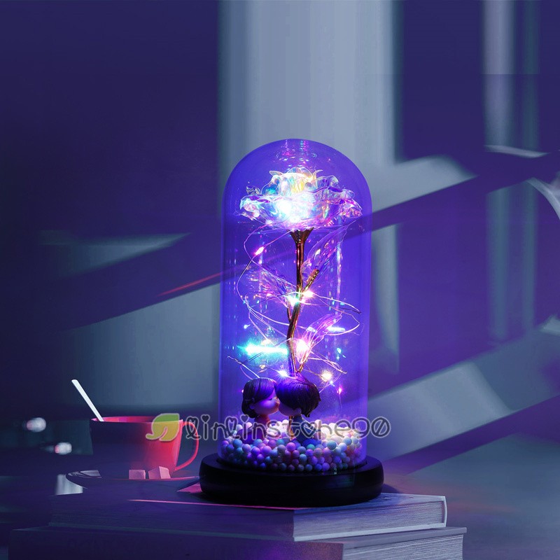 Beauty Rose Flower In Dome Glass LED Night Light Valentine’s Day Women Xmas Gift