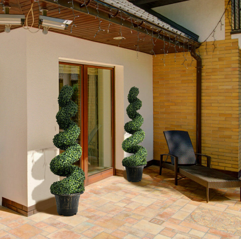 2Pcs 4FT Artificial Boxwood Spiral Tree W/Realistic Leaves Indoor Outdoor Office