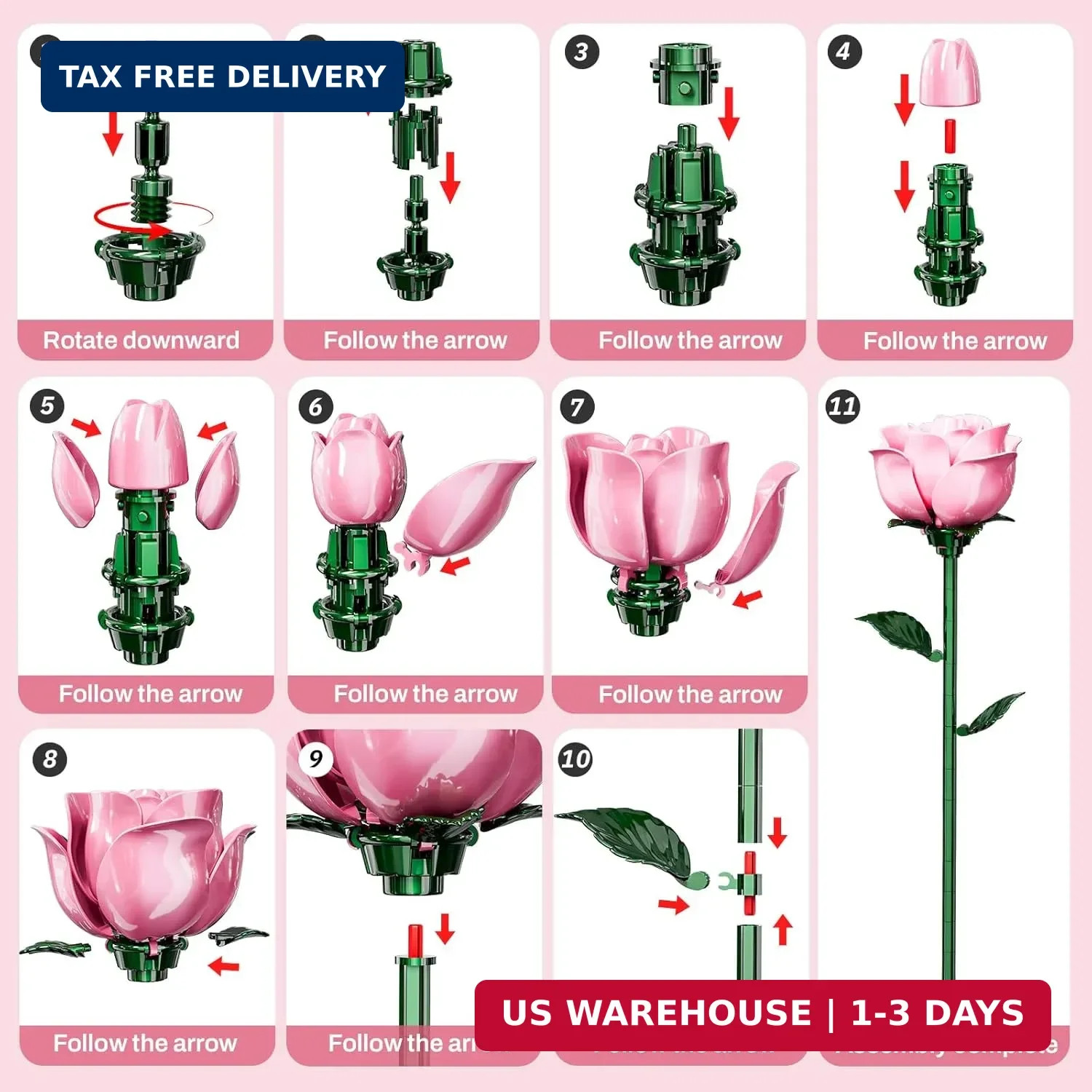 Pink Rose Bouquet Building Set for Girls & Boys – 12 Pack Botanical Collection G