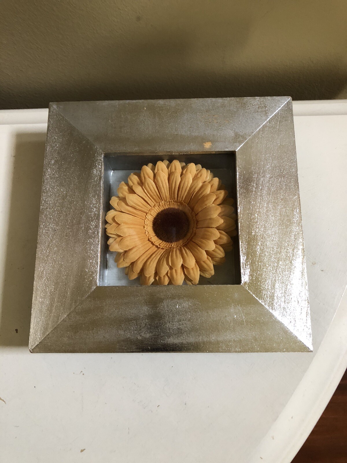 Pier 1 Vintage Silver Framed Shadowbox Gerber Daisy Yellow Decor Art Spring