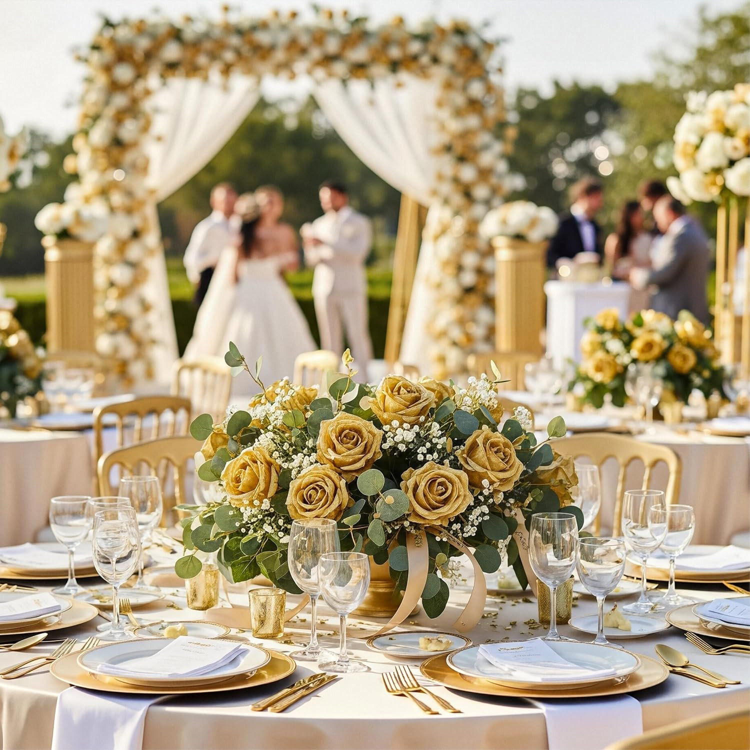 104PCS Lifelike Gold Rose Artificial Flowers for Weddings & Home Decor
