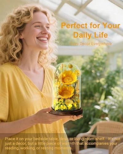 Preserved Sunflower in Glass Dome Gift for Mom, Wife, Grandma