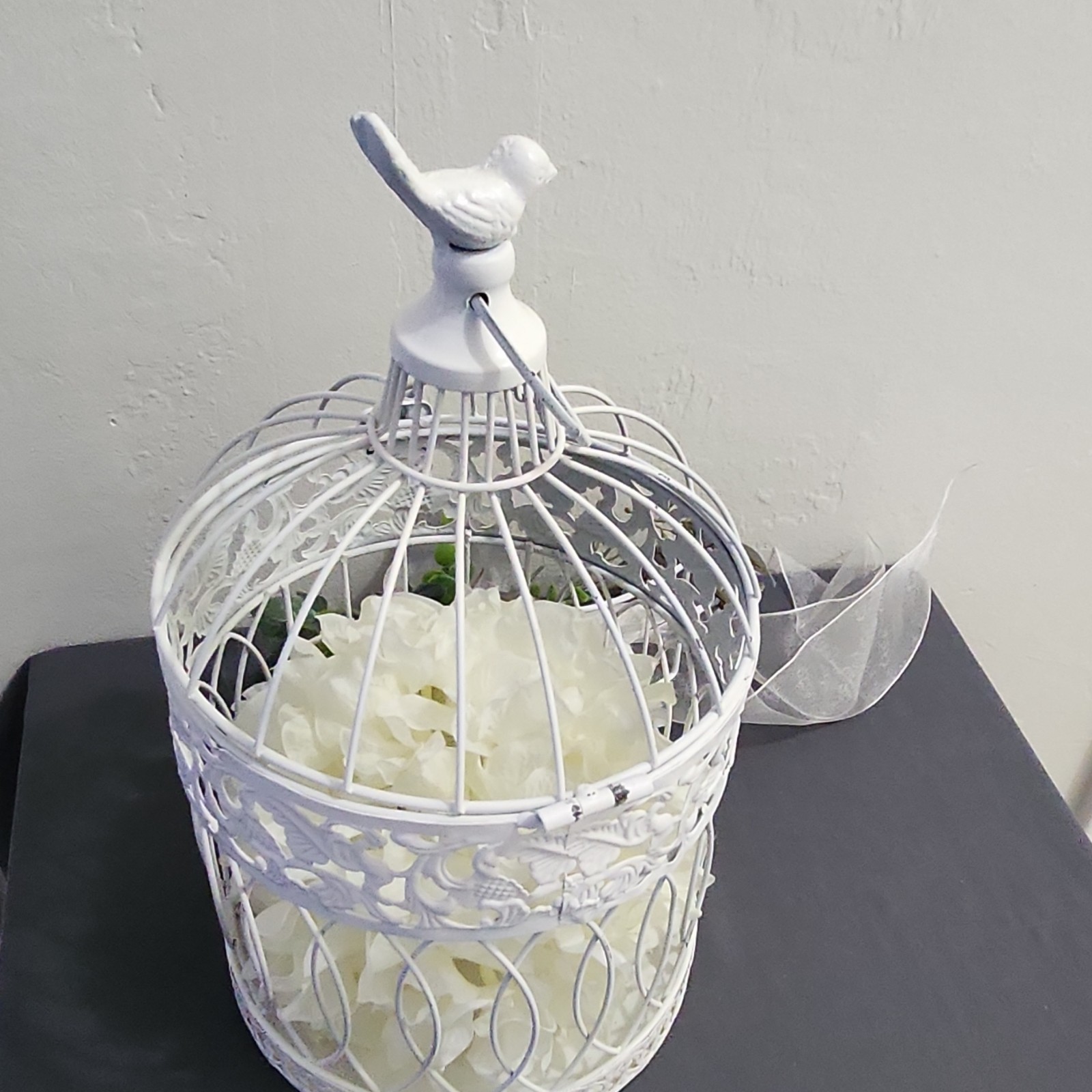 White Birdcage Centerpiece with Artificial Hydrangea, Ribbon, 2 Pack