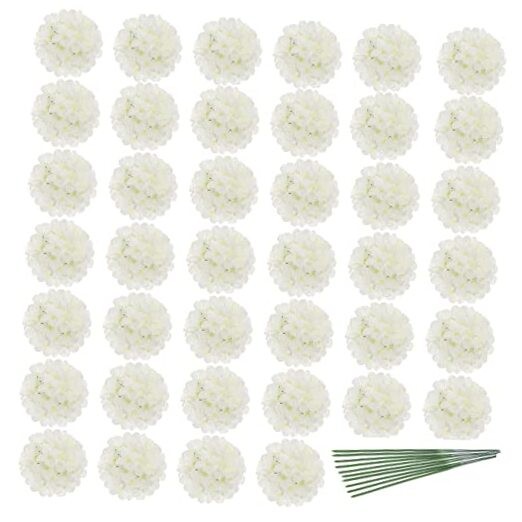 40pcs Artificial Hydrangea Silk Flower Heads with Stems, Fake Plastic White