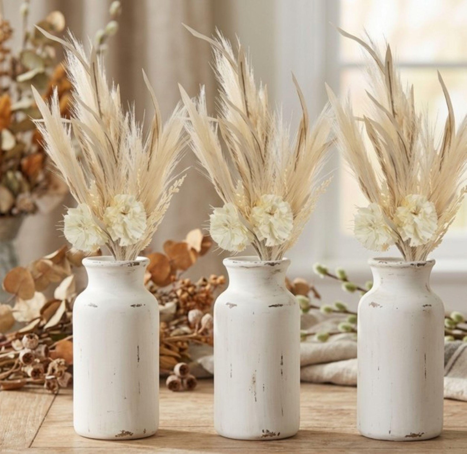 22″ Pampas Grass & Cornflower Bush – Organic Modern Cream Floral Stem