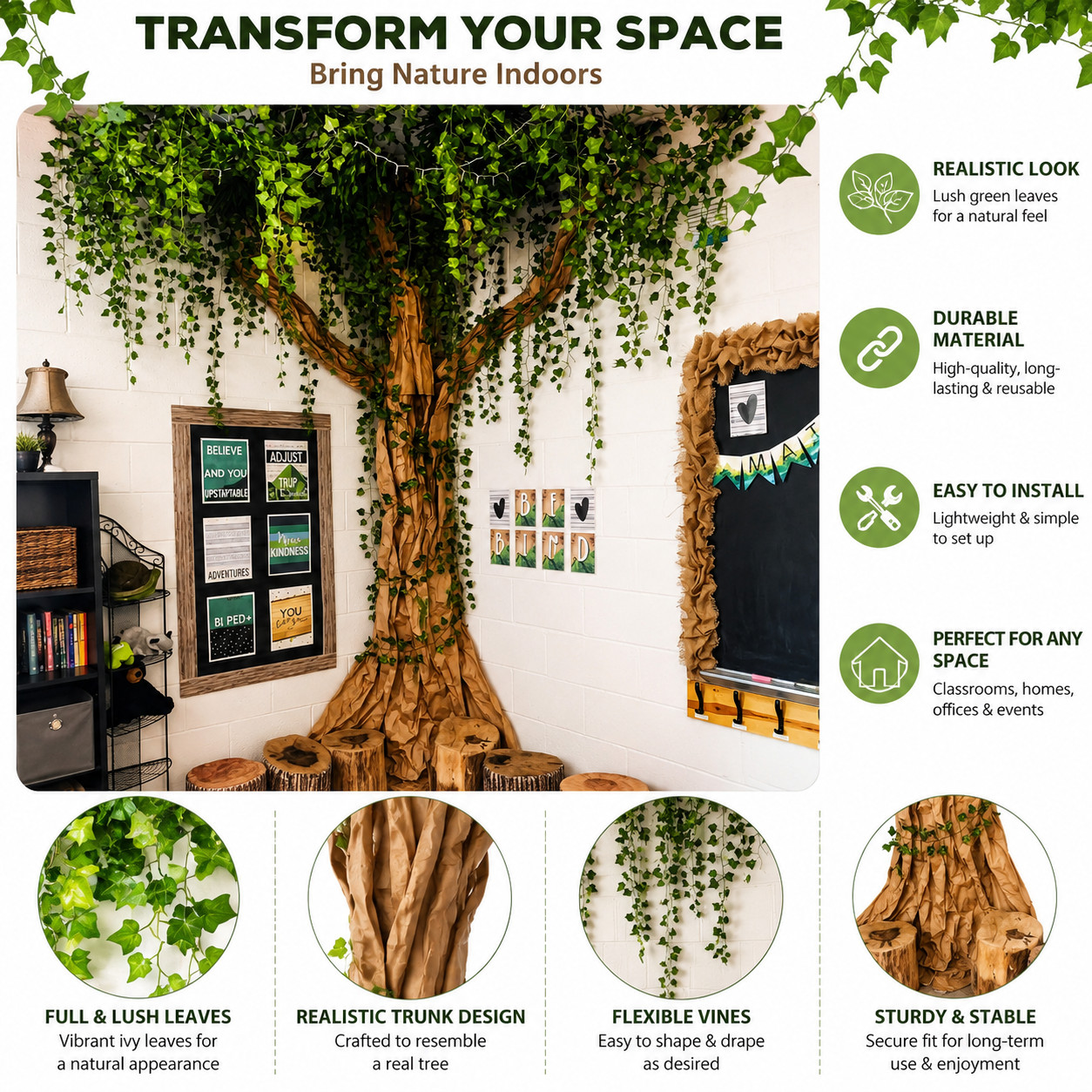 3D DIY Tree Decor for Classroom Wall Artificial Ivy Leaves Rattan Kraft Paper Ki