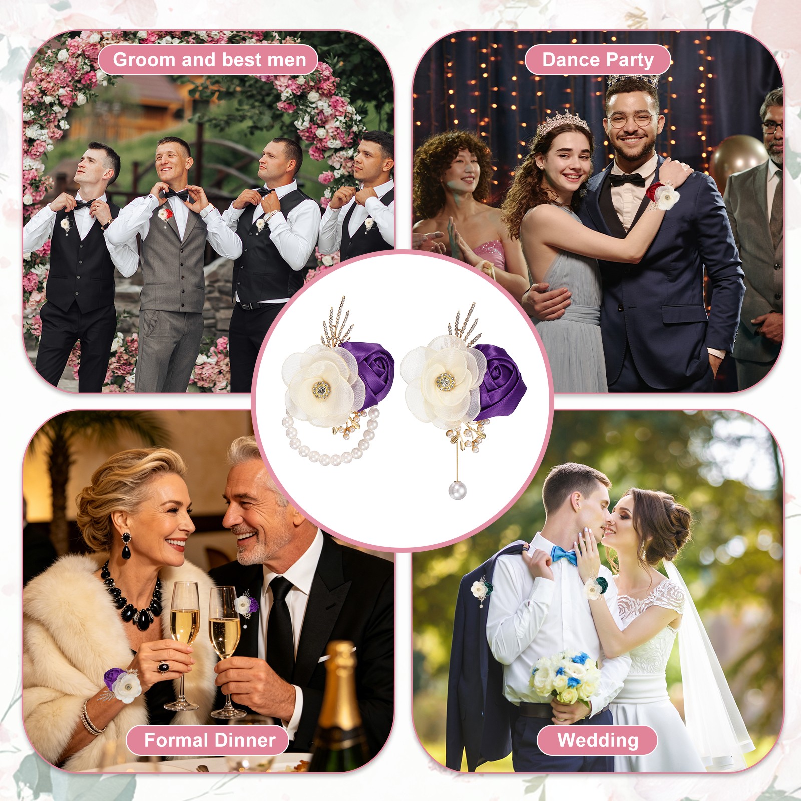 2 Sets Wrist Corsage and Boutonnieres Set for Wedding Groom Bride, Purple