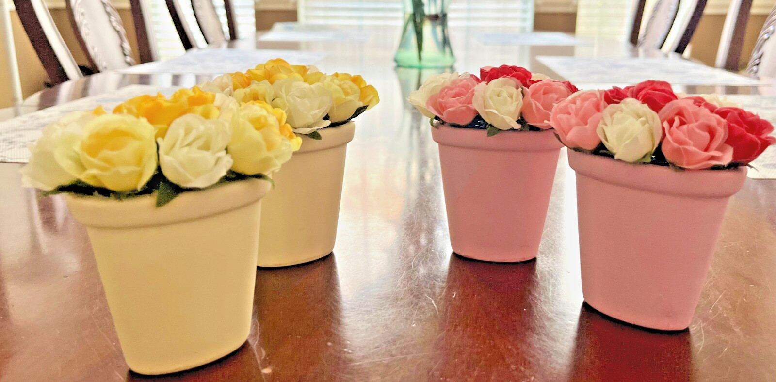 Set of 2 Silk Pink Faux Rose Miniature Clay Pots Home Accessory Decor Gifts