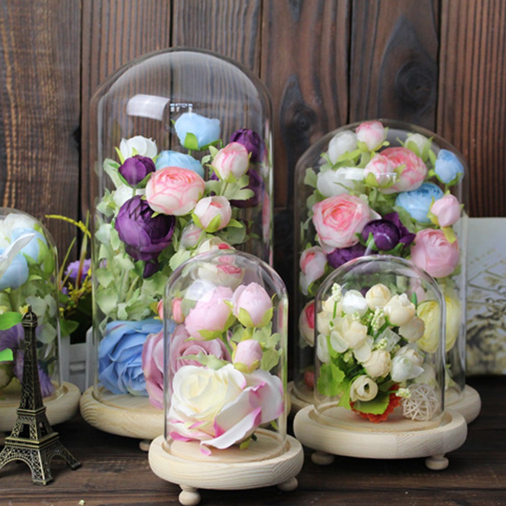 1 Set Creative Preserved Flower Glass Display Cover with Wooden Stand