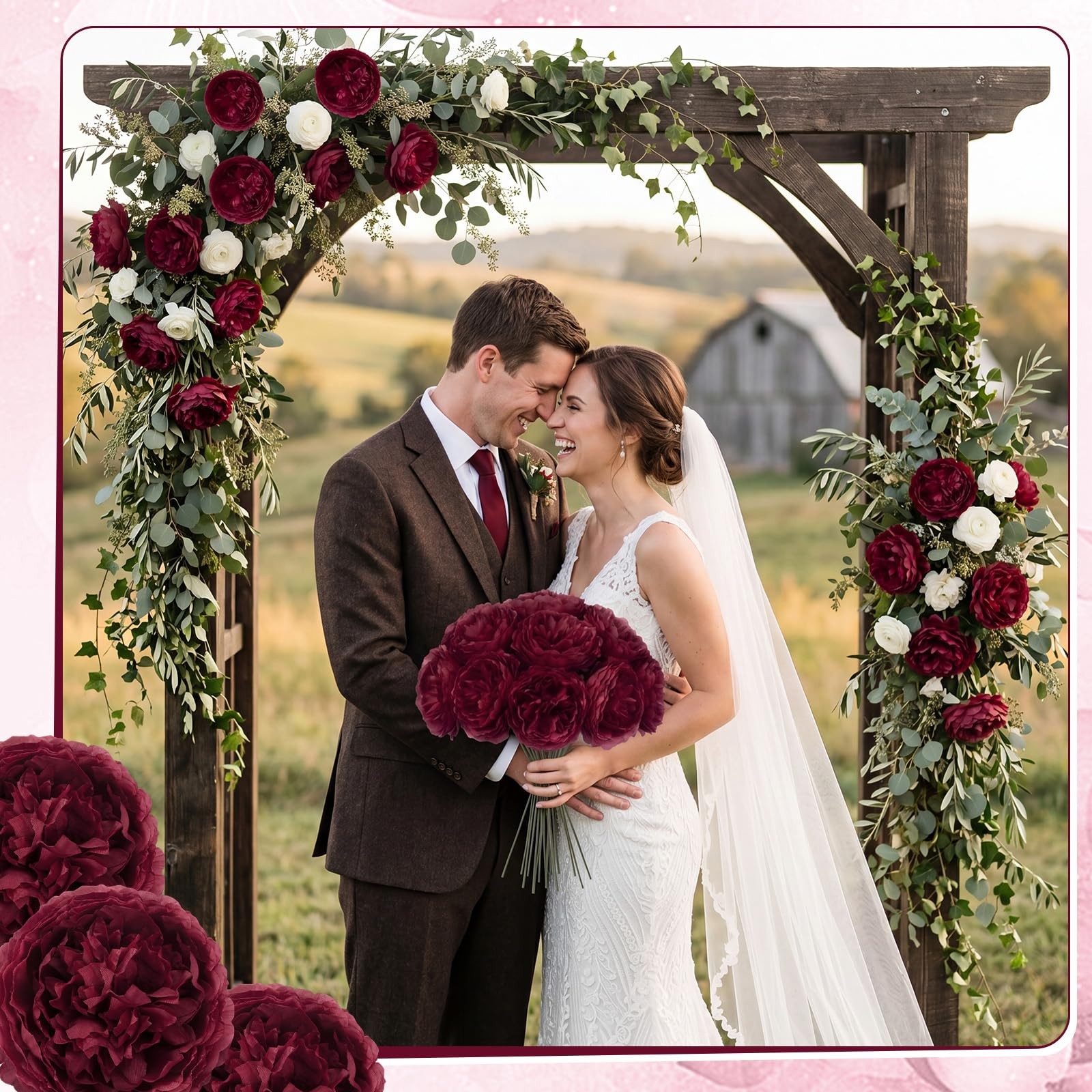 50 PCS 4.7 Inch Artificial Burgundy Peony Rose Heads Fake Flower Decor