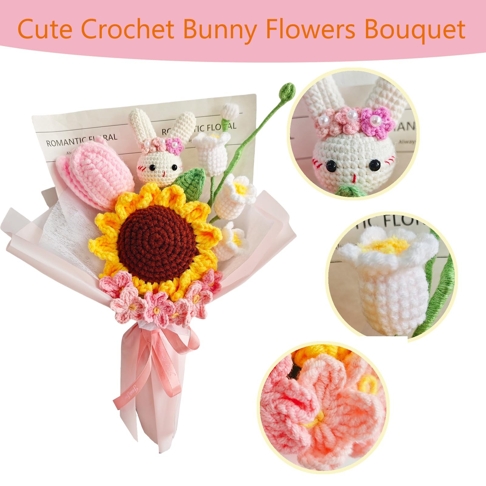 Cute Knitted Bunny Bouquet, Crochet Roses Flower, Flowers Bouquet with Bee, C…