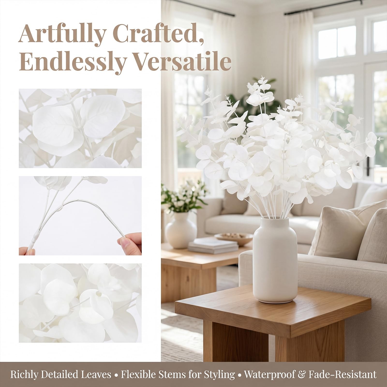 2 Pack White Eucalyptus Stems with 20 Branches 18.5” Artificial Flower Bouqu…
