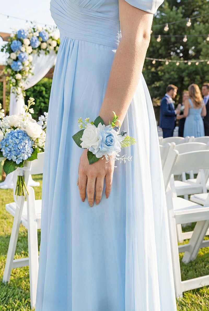 Light Blue Corsage and Boutonniere Set for Wedding Prom Artificial Rose Flow