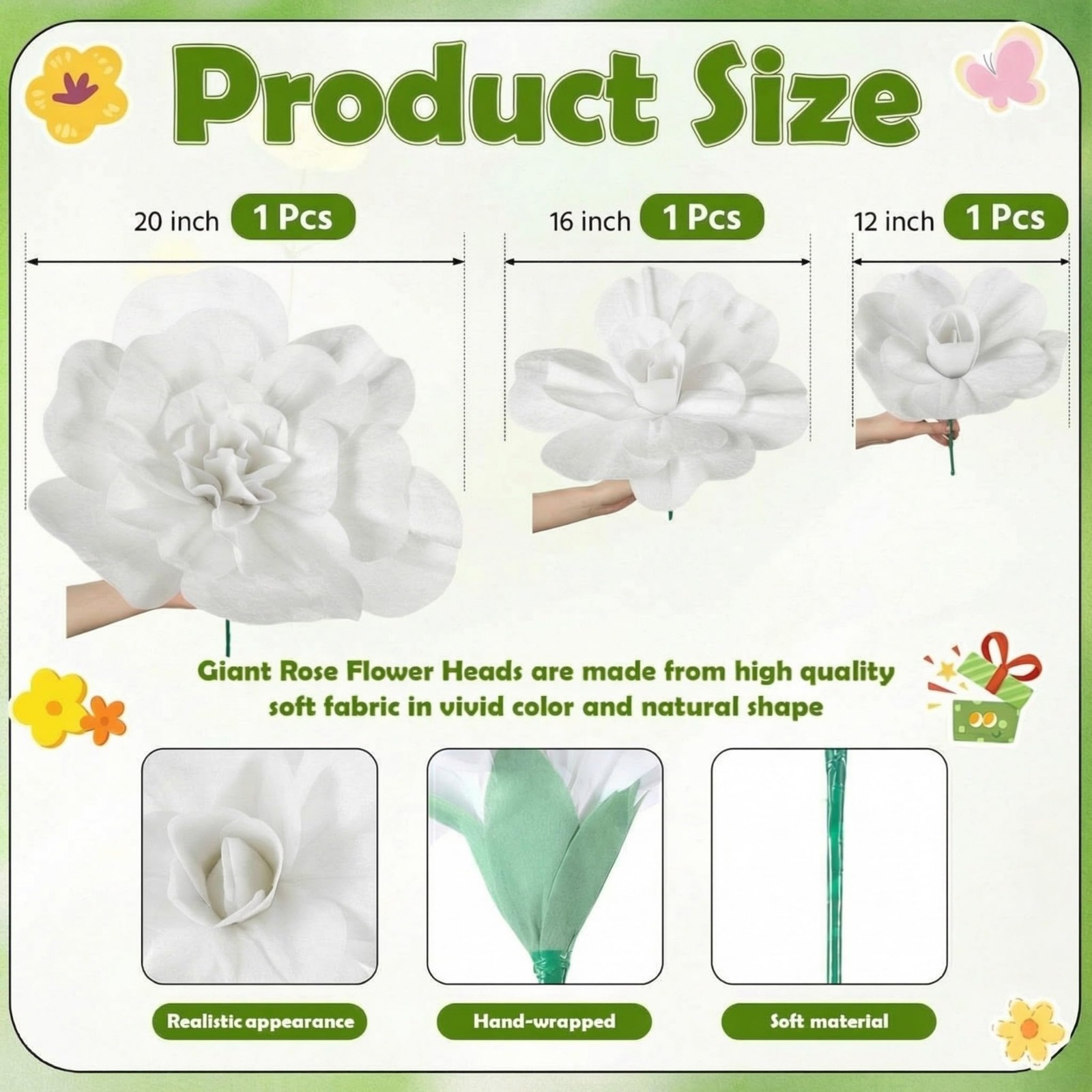 3 Pcs Giant White Velvet Roses – 12, 16, 20 Inch Paper Flowers for Wedding, Home