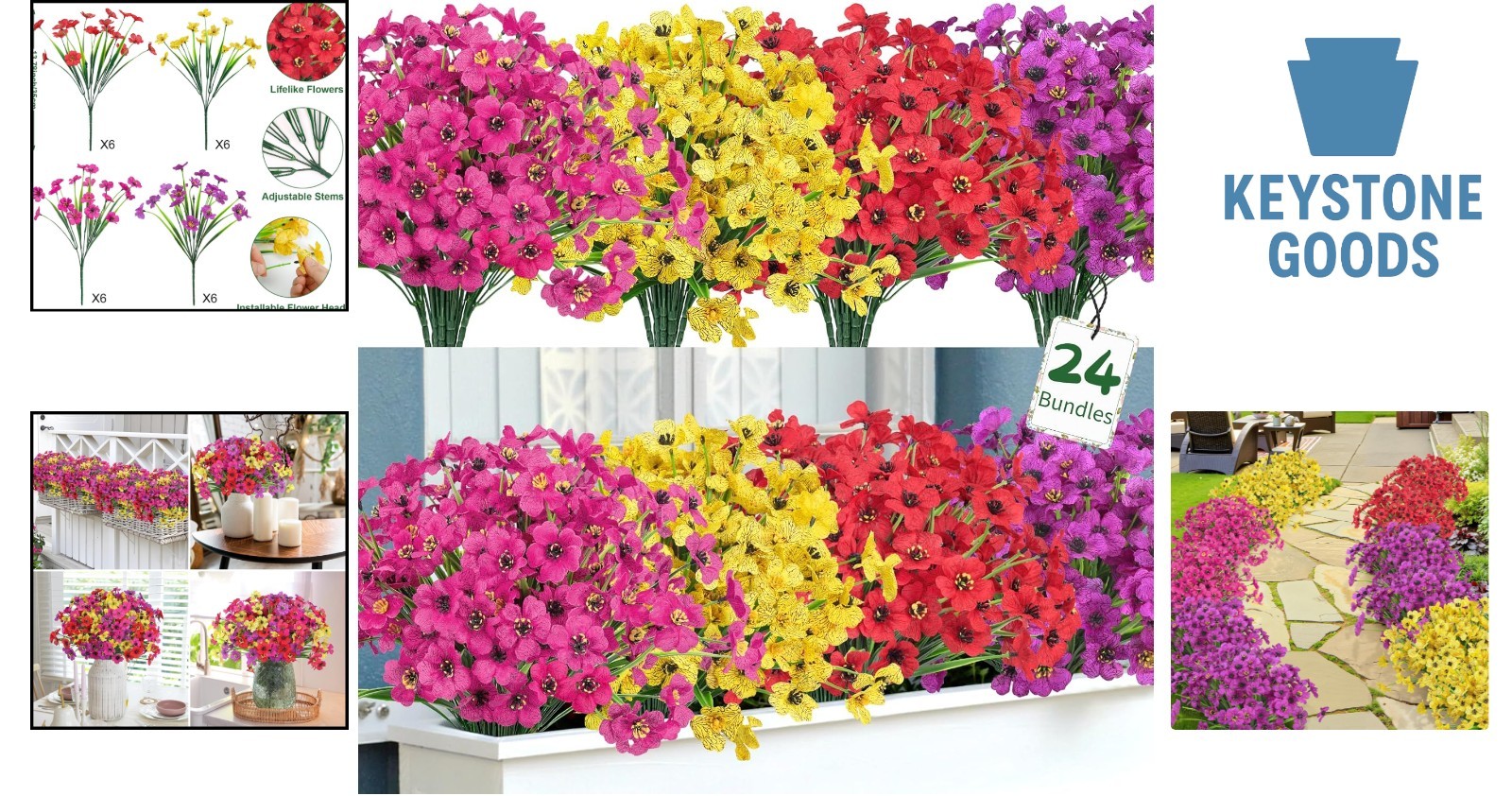 24PC Multicolor UV-Resistant Faux Outdoor Flower Bundles for Garden & Home Decor