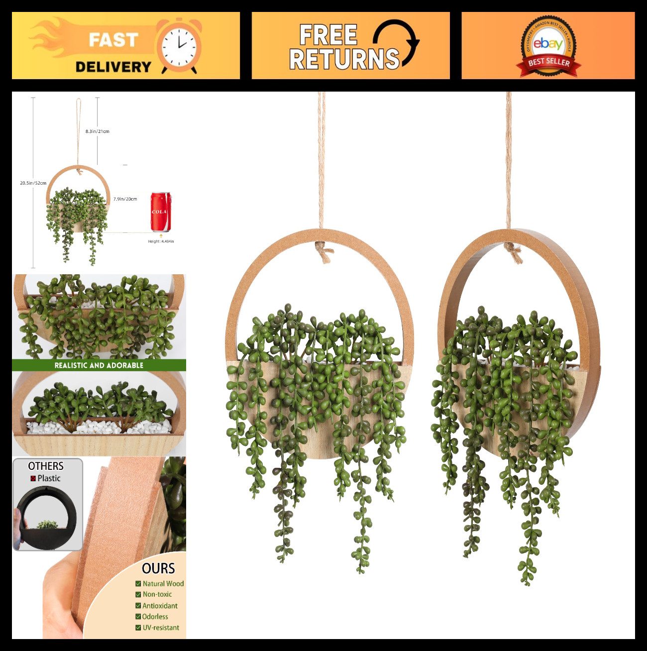 2pcs Hanging Artificial Succulents – 12.2” Fake String of Pearls in Pot for Ind