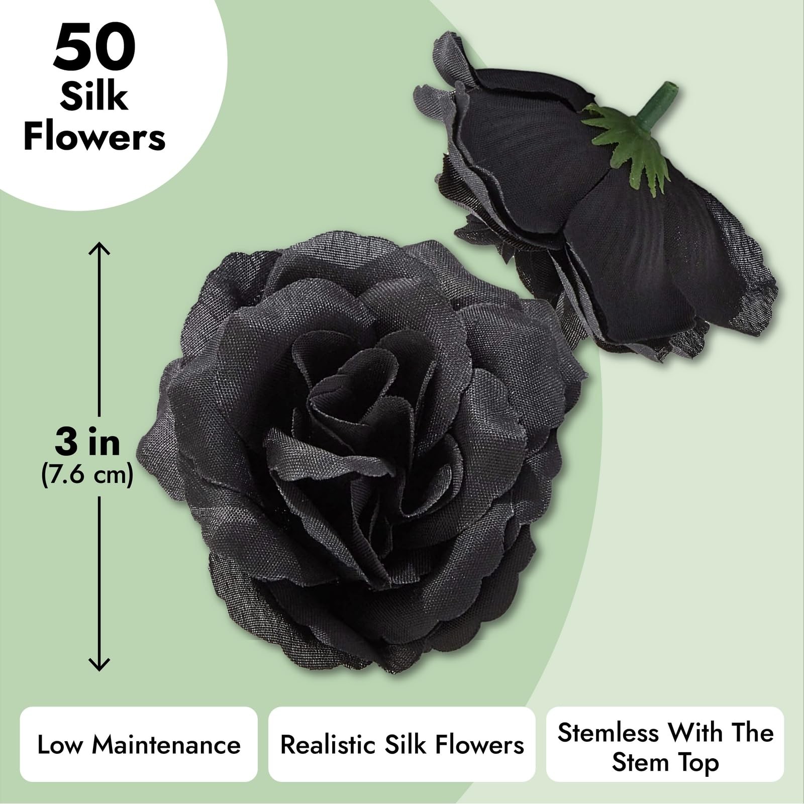 Black Artificial Roses Bulk – 3-Inch Stemless Foam Roses 50 Pack for Crafts &…