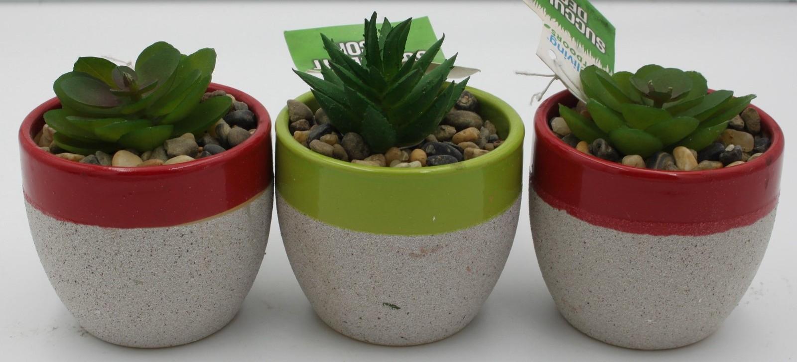 Succulent Faux Plants 3-Pack Ceramic Pots Red Green Pebble Tabletop Mini Decor