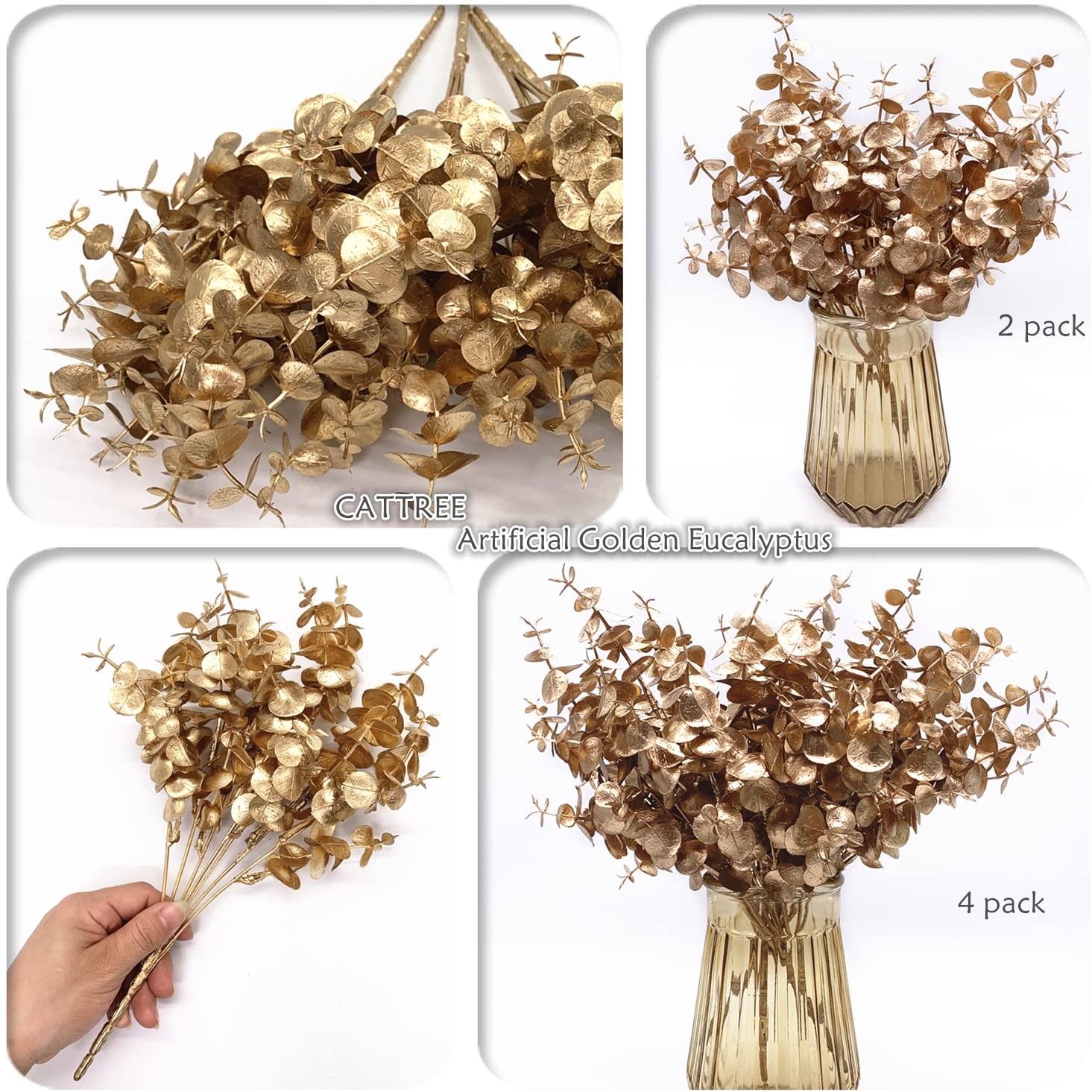 2 PCS Artificial Gold Plants Decorations Fake Golden Eucalyptus Shrubs Foliage