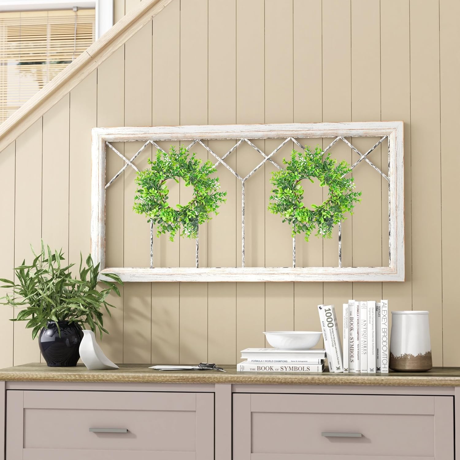 Artificial Boxwood Wreath Kitchen Cabinet Wreaths Faux Green Leaves Decor Indoor