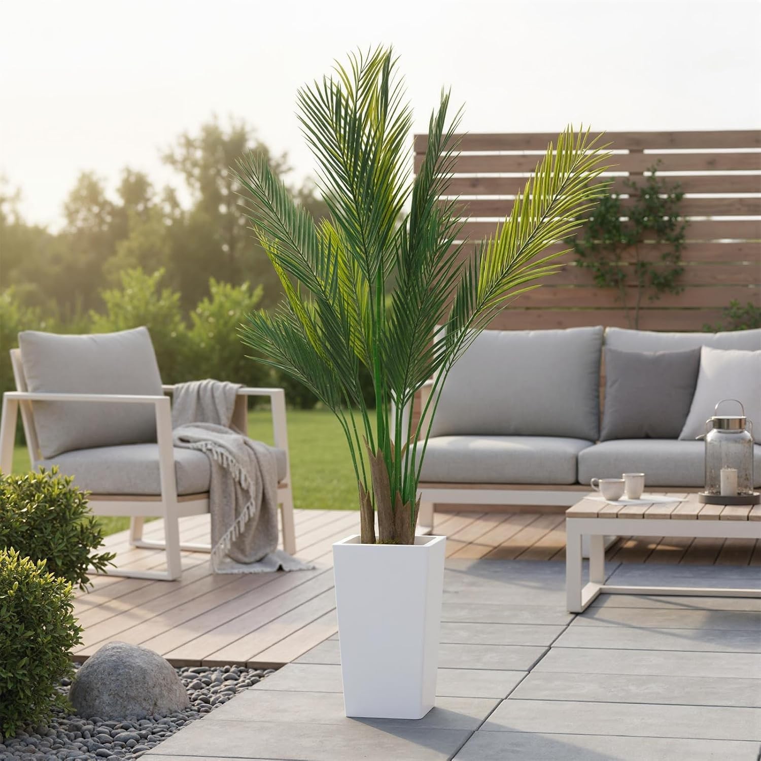 Realistic 5ft Faux Palm Tree in Tall White Planter UV Resistant for Patio & Home