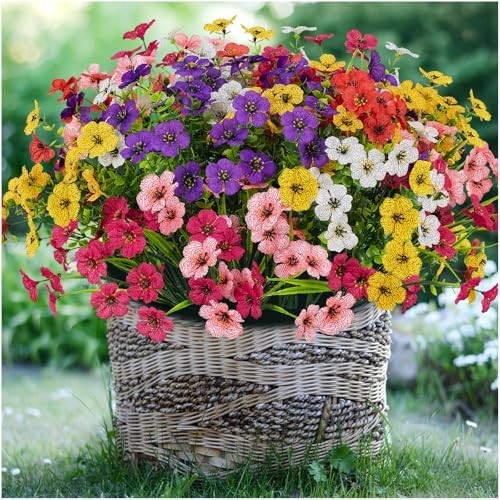 24 Bundles Lifelike UV Protected Artificial Flowers – No Fade Silk Plants for Ga