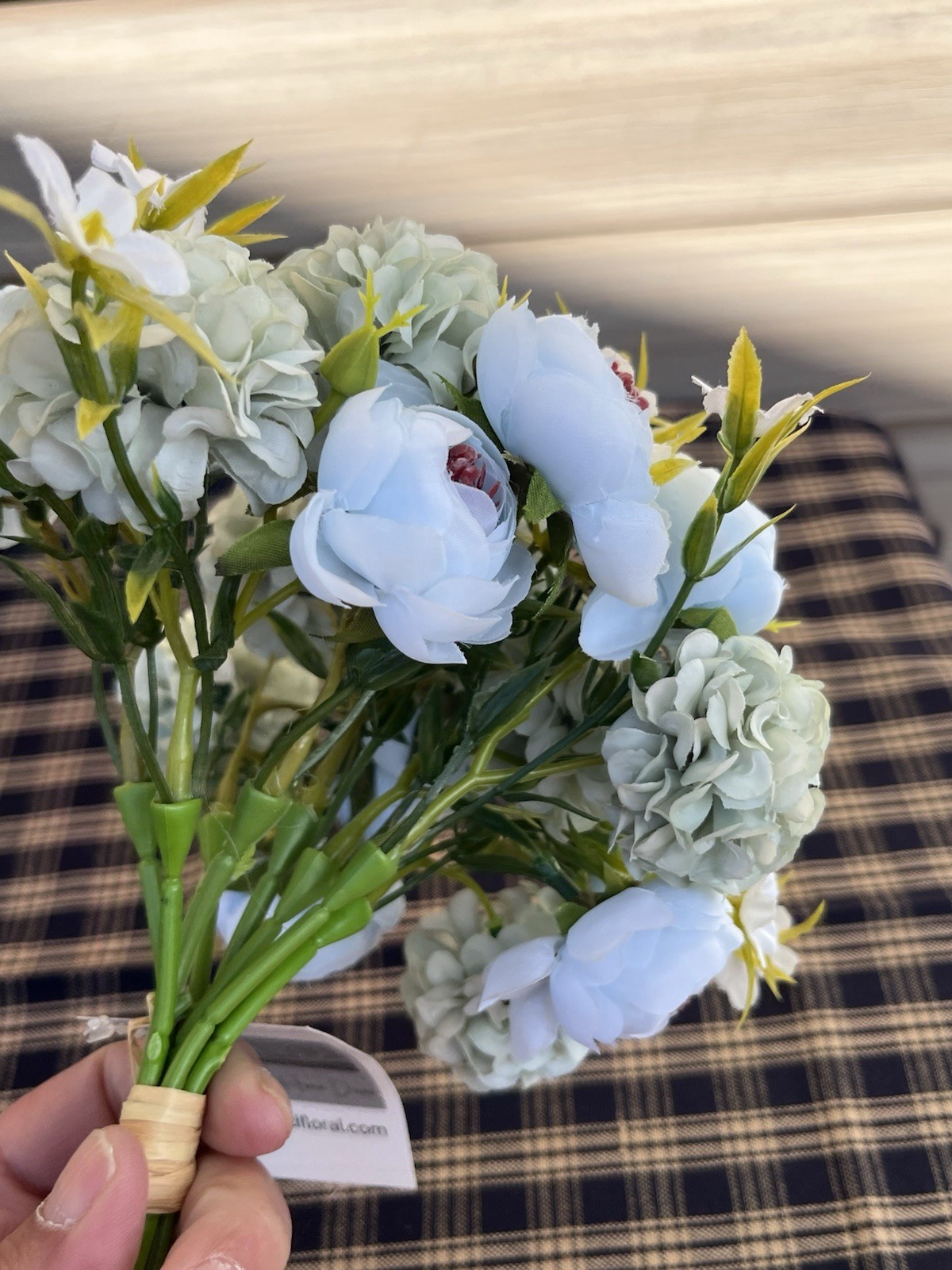 Lot of 2 Faux Floral Bouquet Bundles Blue Pink Peony Ranunculus Cottagecore