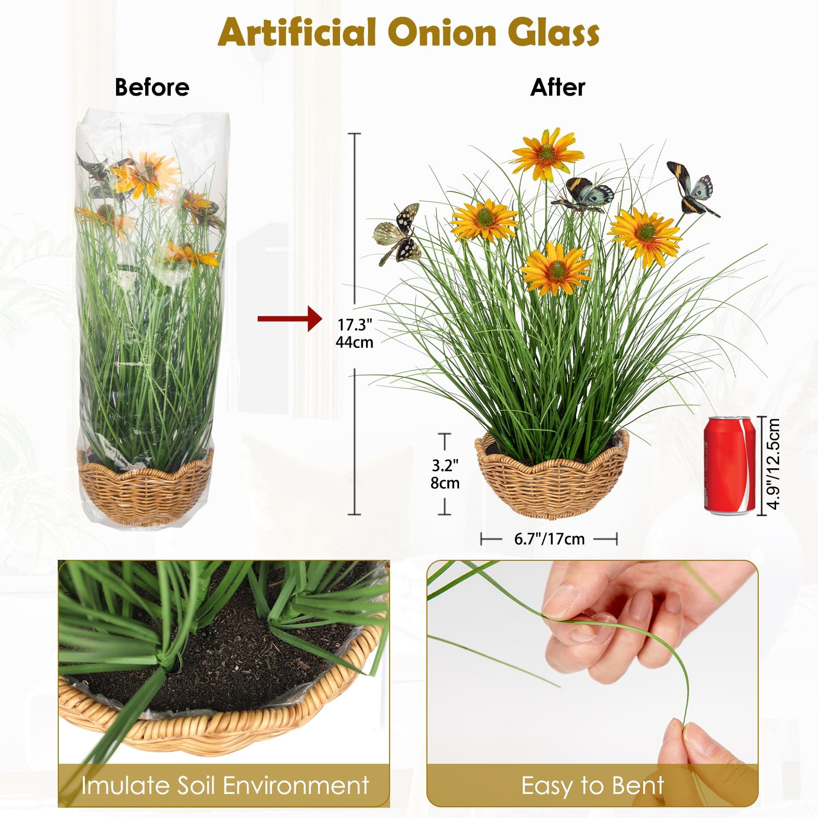 Artificial Plants Indoor with Pot, 17.3″ Fake Potted Plants Artificial Onion …