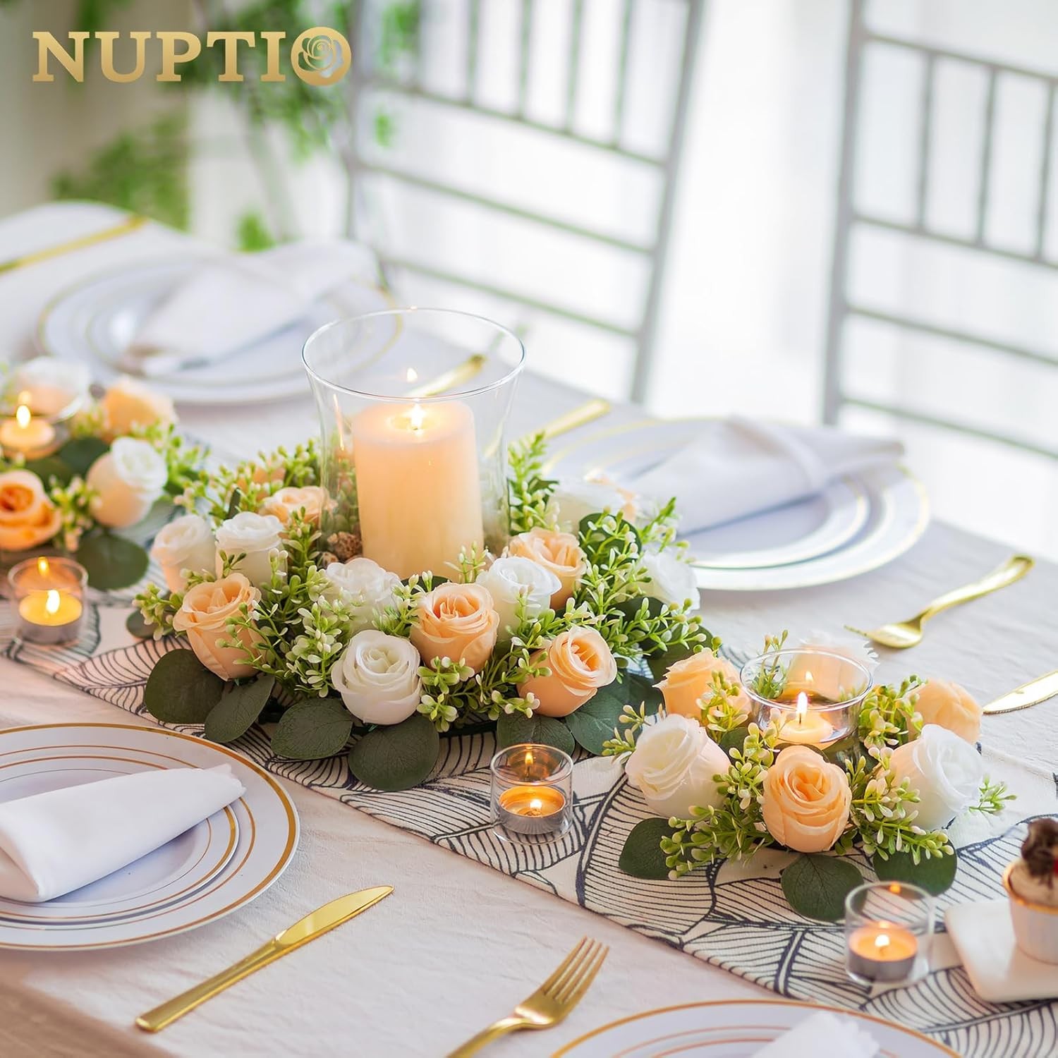 Flower Candle Rings Centerpieces 13.4 Inch Champagne & White Artificial Rose