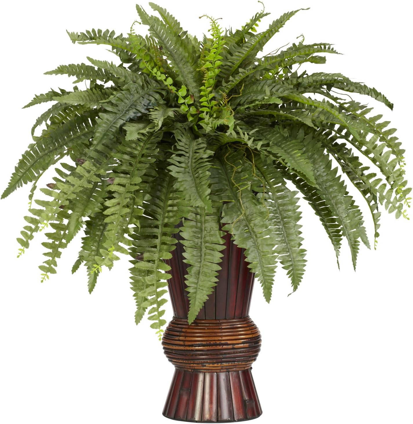 6628 Boston Fern with Bamboo Vase Decorative Silk Plant, Green 12″ X 12″ X 35″