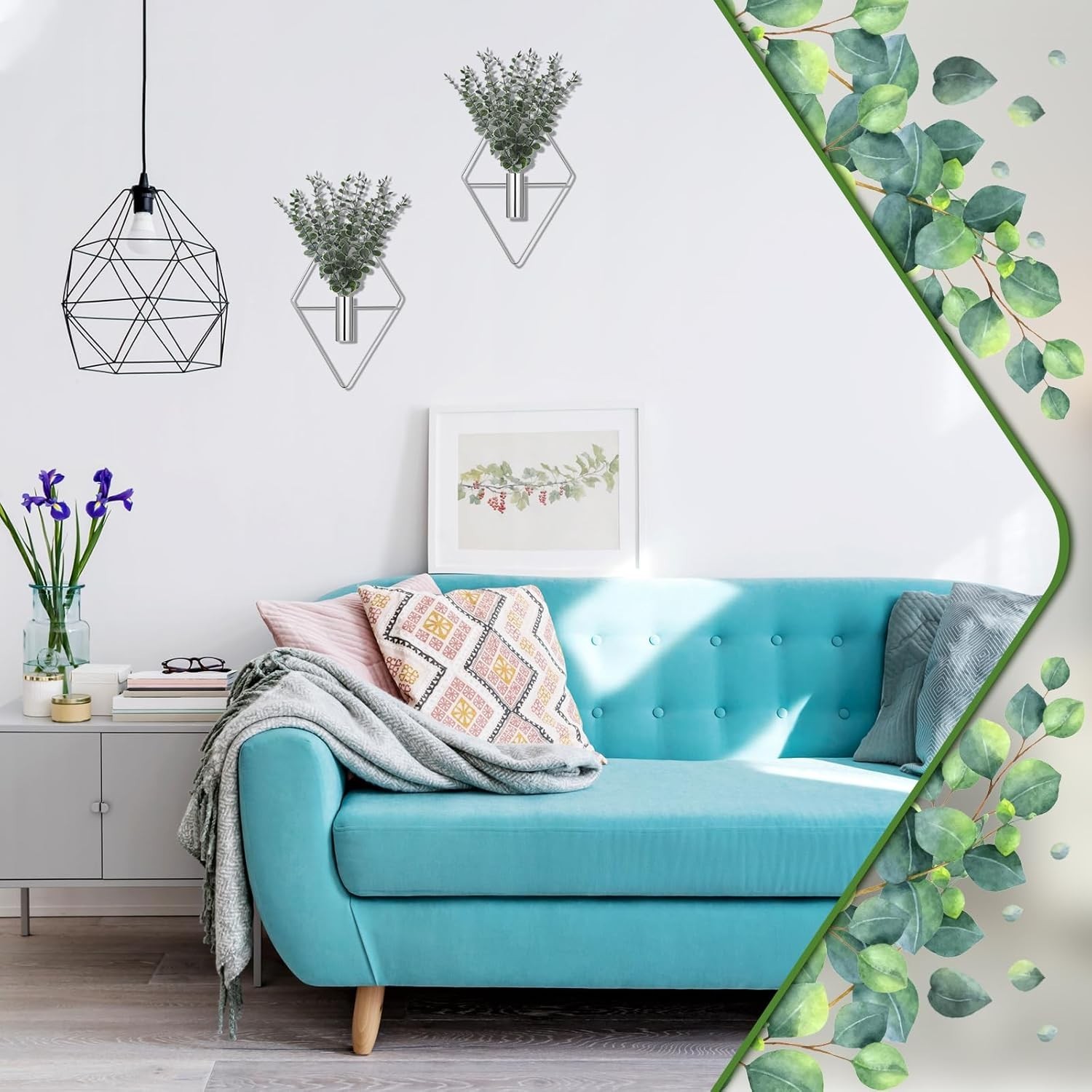 4 Pcs Hanging Planters with Artificial Eucalyptus Chrome Silver Wall Decor Metal