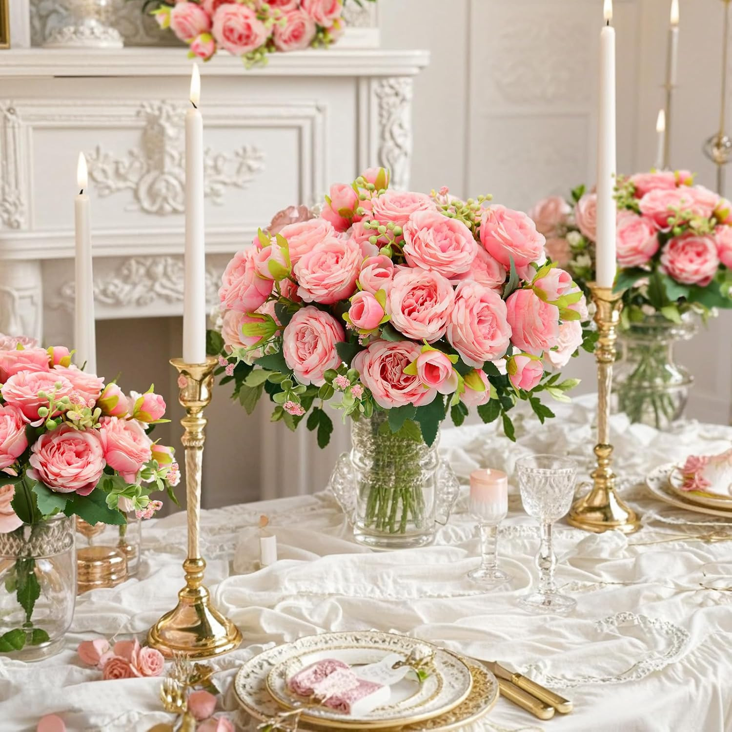 2 Pack Artificial Flowers Bouquet, 10 Pcs Austin Roses Silk Flowers Heads, Fake