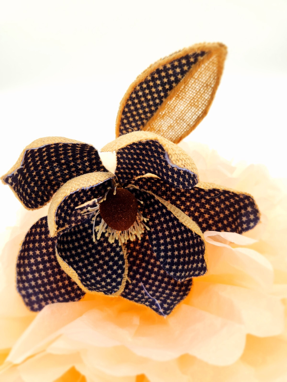 Burlap Patriotic Magnolia Flower Pick Spray Home Decor B828-1 Blue, Navy Blue
