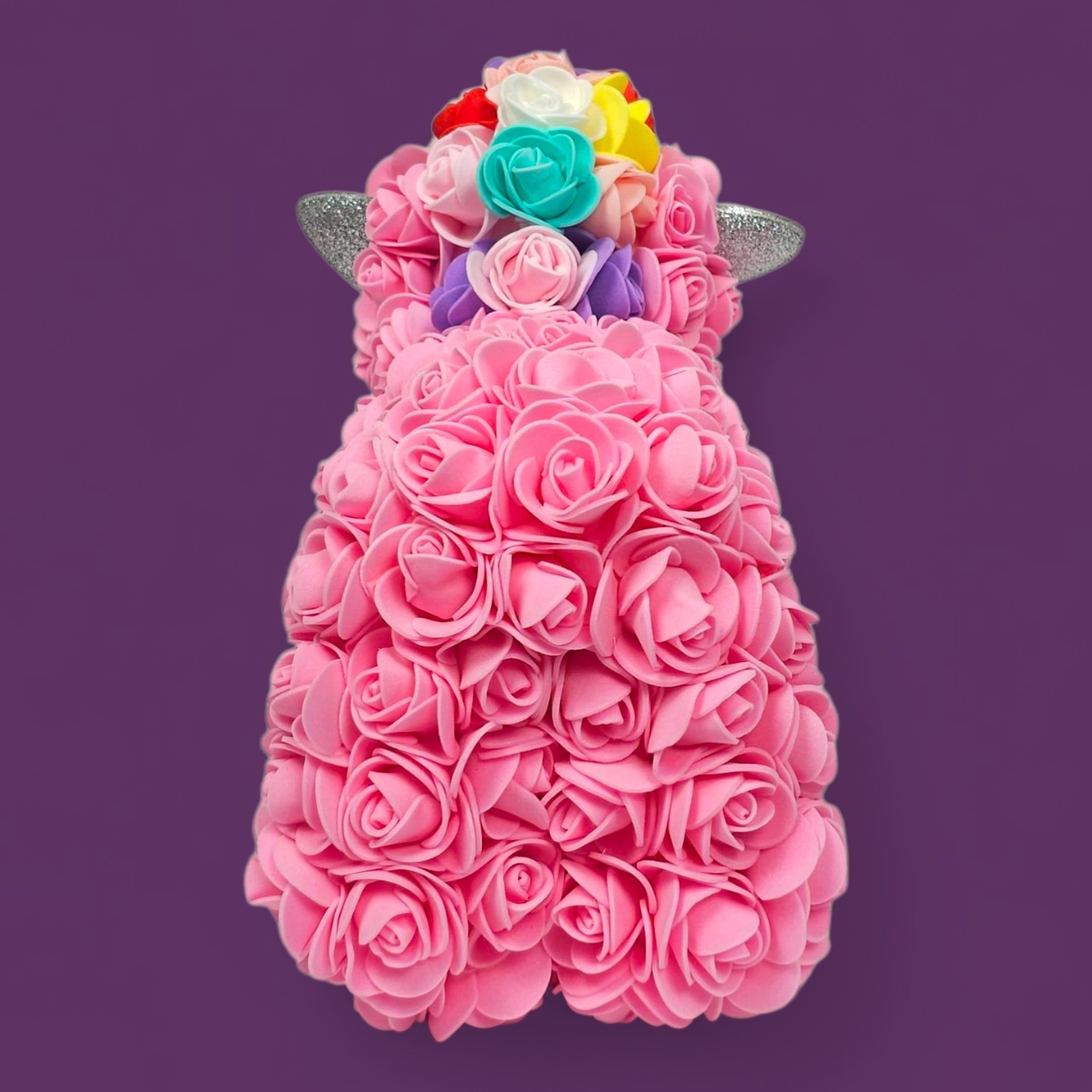Rose Unicorn Gift – Pink Foam Flowers, Rainbow Mane, “Just For You” Box Damaged