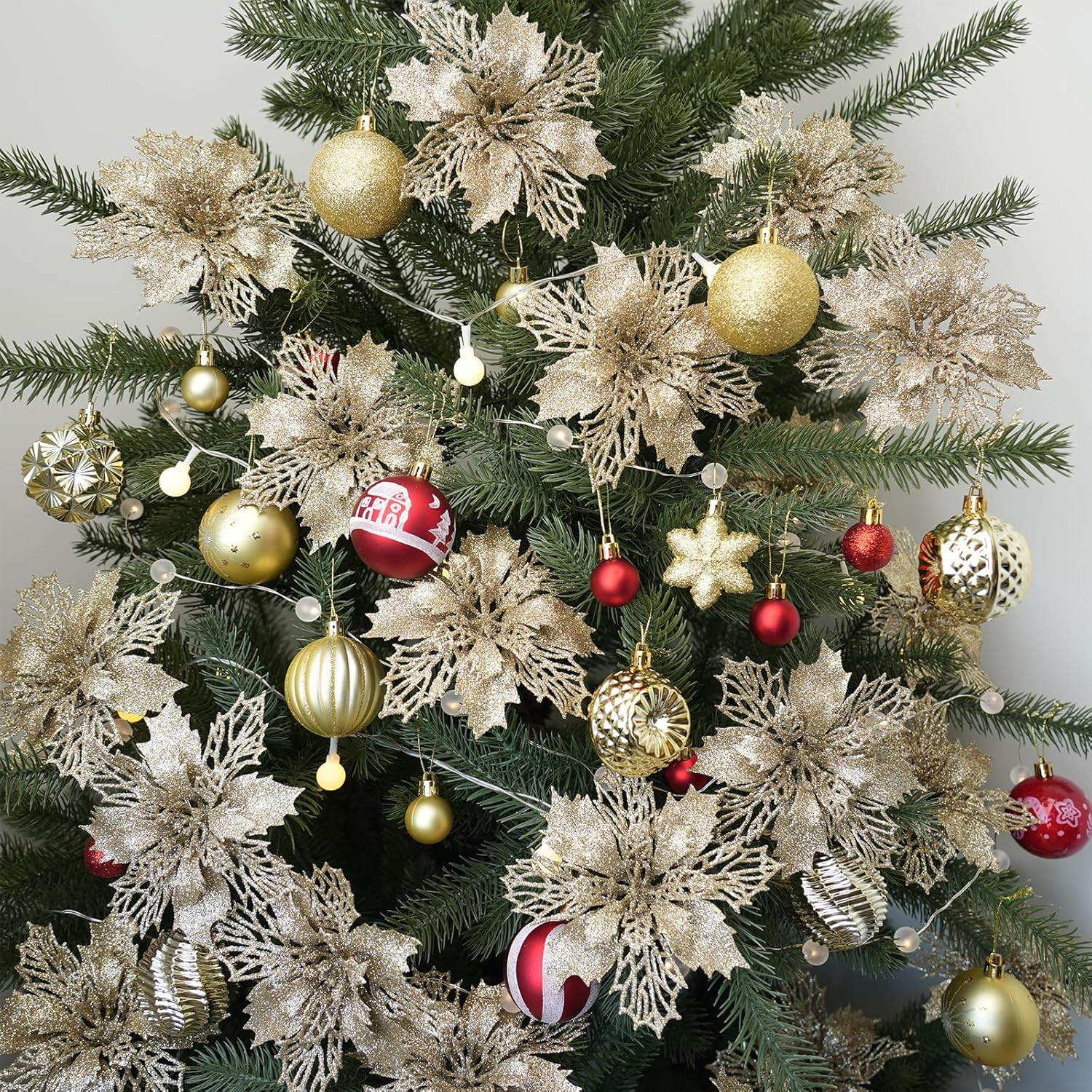 24 Pcs Champagne Glitter Poinsettia Picks 5.9” w/ Stems Tree Wreath Garland Xmas